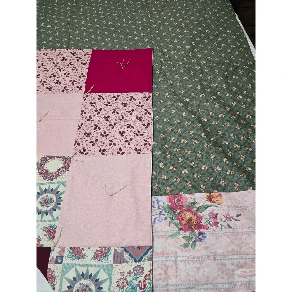New Handmade Patchwork Quilt Pink Floral Green Folk Art Full Throw Blanket /0188